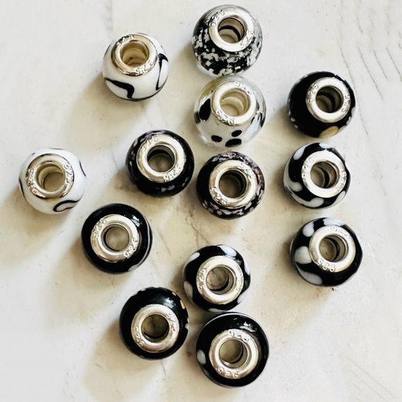 Black White Glass Bead Charms Sterling Silver Set of 13 - Picture 2 of 6